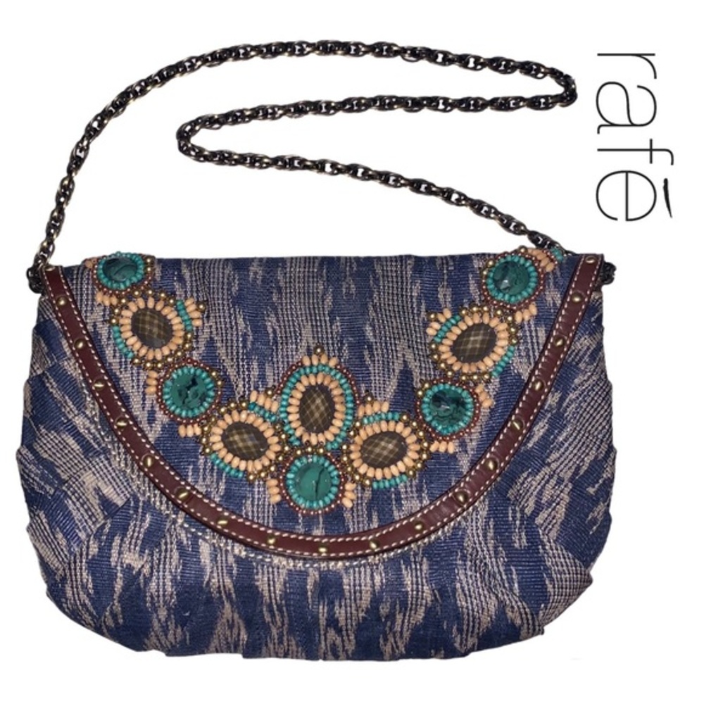 Rafe Large Beaded Canvas Leather Clutch Chain Handbag